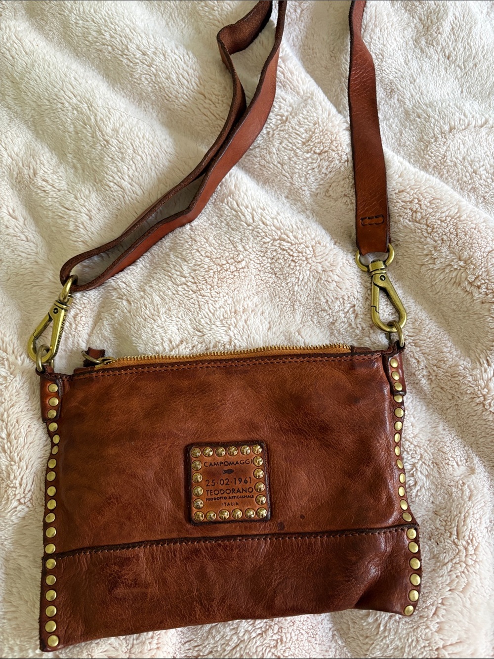 Campomaggi Cognac Brown Studded Leather Crossbody